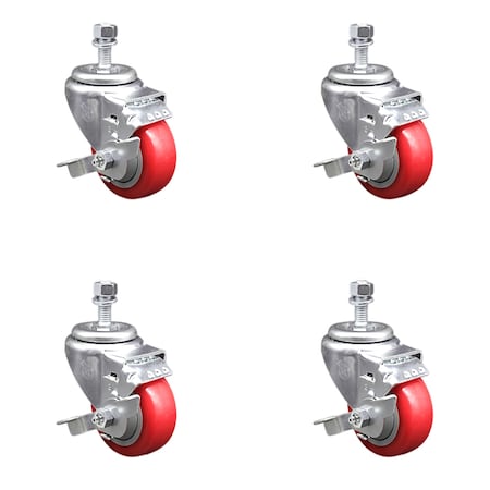 Service Caster 3.5 Inch SS Red Polyurethane Swivel 1/2 Inch Threaded Stem Caster Set Brake SCC SSTS20S3514-PPUB-RED-TLB-121315-4